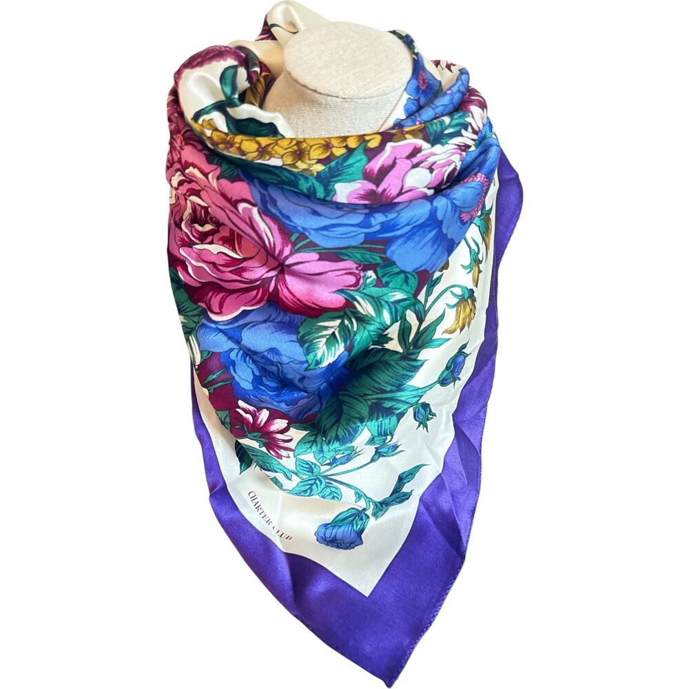 Charter Club 100% Silk Floral Scarf Purple Border Made in Japan 34” Square - Picture 2 of 6
